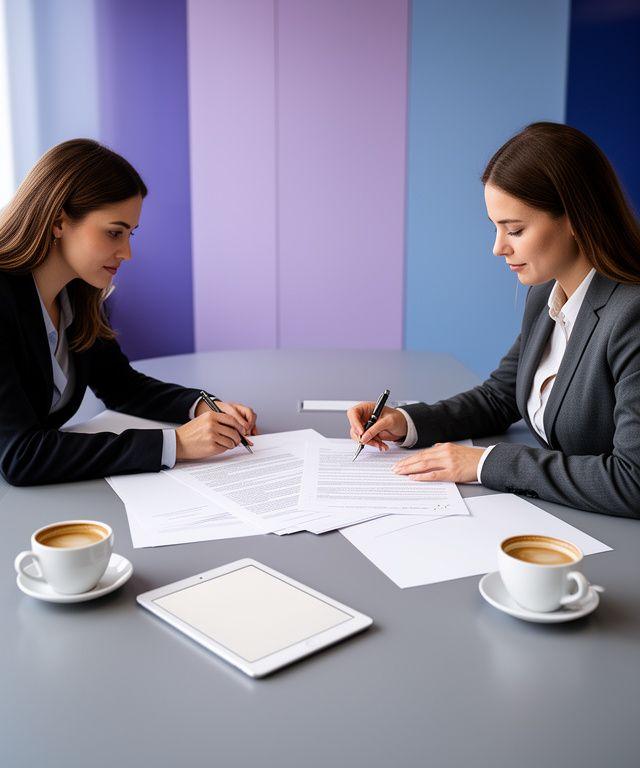 Two legal professionals marking up a contract at a conference table beside coffee and a tablet