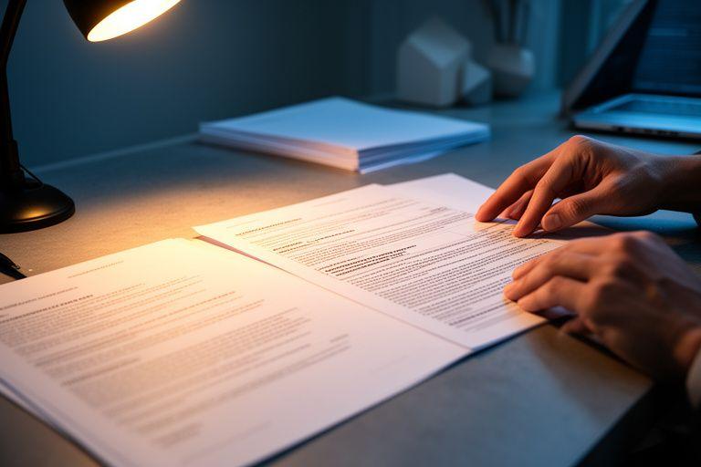 Solicitor highlighting key contract clauses on printed commercial agreement pages beside a desk lamp