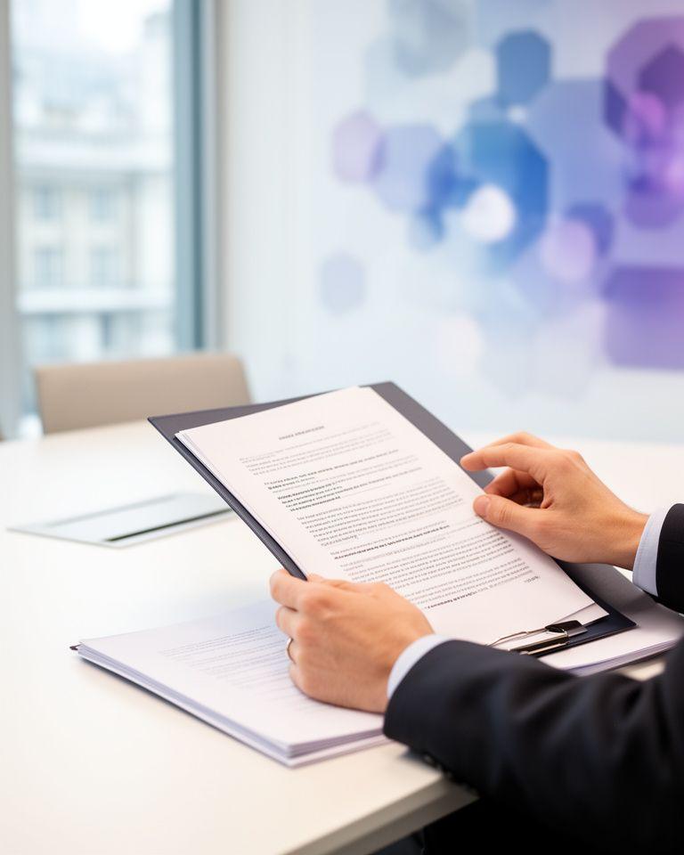 Legal adviser reviewing a contract folder beside a bright London meeting table