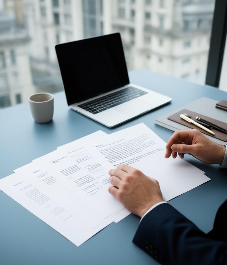 Legal advisor reviewing a contract draft at a modern desk in a London office with a laptop and annotated papers