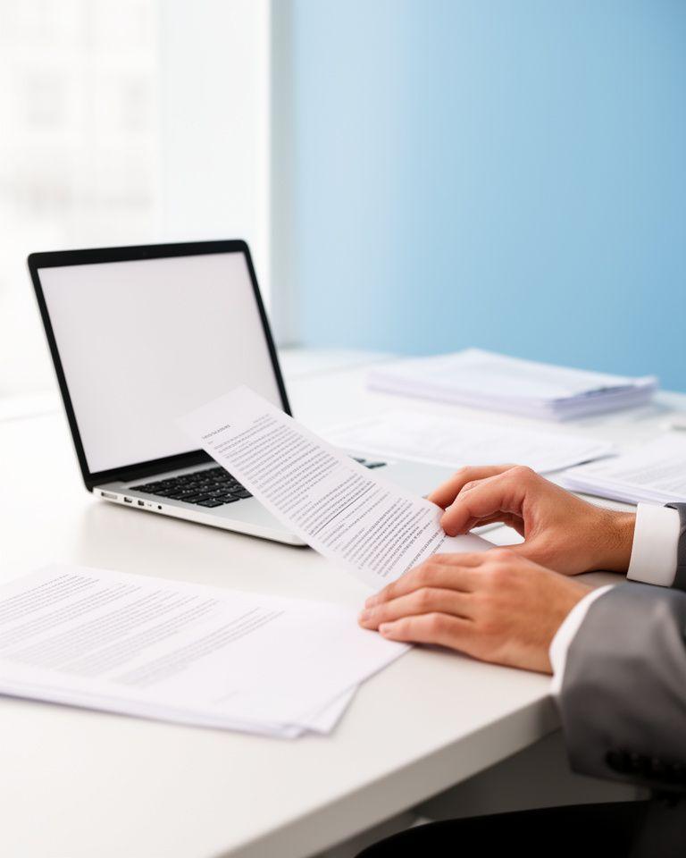 Legal professional reviewing a contract at a bright London desk with annotated pages and a laptop open