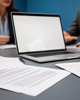 Legal consultant discussing negotiation points over a laptop and printed contract pages in a meeting room