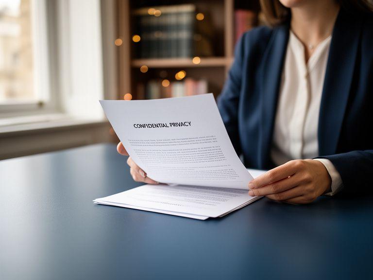 Legal consultant reviewing a confidential privacy document in a calm London office with soft natural light