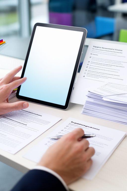 Business adviser reviewing a supplier agreement checklist on a tablet beside printed notes and a pen
