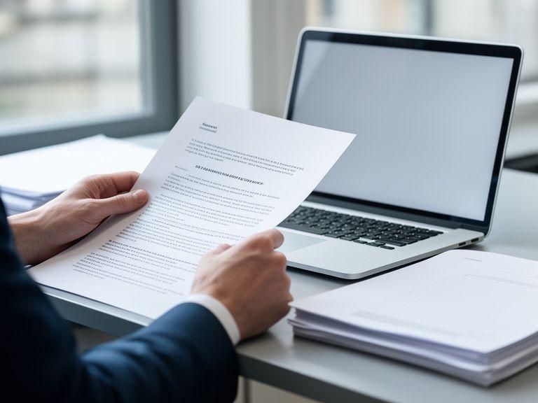 Lawyer reviewing a printed agreement beside a laptop in a calm London office